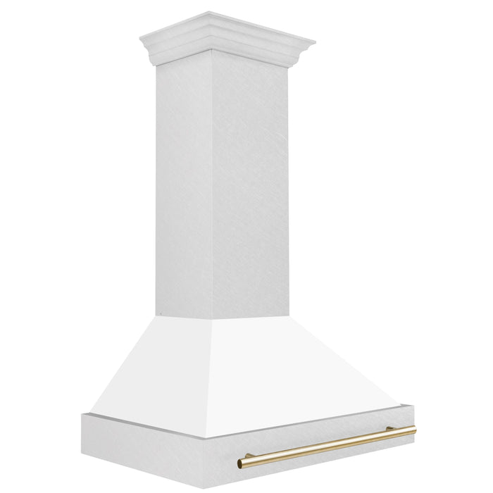 ZLINE 36" Autograph Edition Wall Mount Range Hood in DuraSnow® Stainless Steel with White Matte Shell and Gold Handle, 8654SNZ-WM36-G