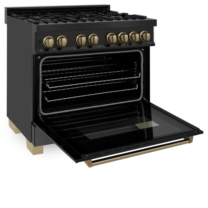 ZLINE Autograph Package - 36" Dual Fuel Range, Range Hood, Refrigerator, Dishwasher in Black Stainless with Bronze Accents