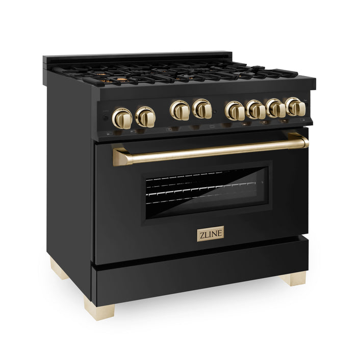 ZLINE Autograph Package - 36 In. Gas Range, Range Hood, Refrigerator, and Dishwasher in Black Stainless Steel with Gold Accents, 4AKPR-RGBRHDWV36-G