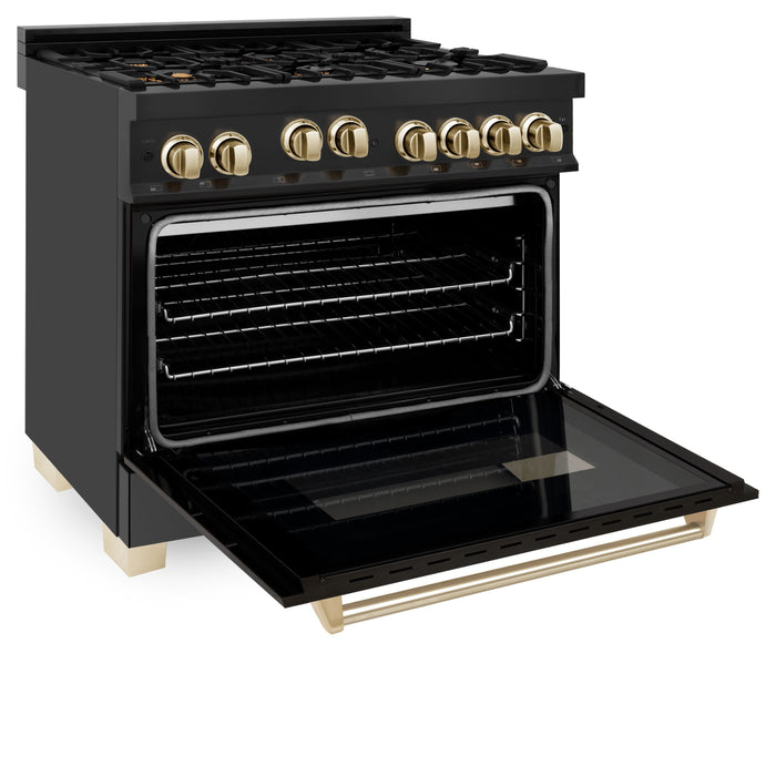 ZLINE Autograph Package - 36 In. Gas Range, Range Hood, Refrigerator, and Dishwasher in Black Stainless Steel with Gold Accents, 4AKPR-RGBRHDWV36-G