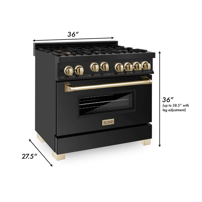 ZLINE Autograph Package - 36 In. Gas Range, Range Hood, Refrigerator, and Dishwasher in Black Stainless Steel with Gold Accents, 4AKPR-RGBRHDWV36-G