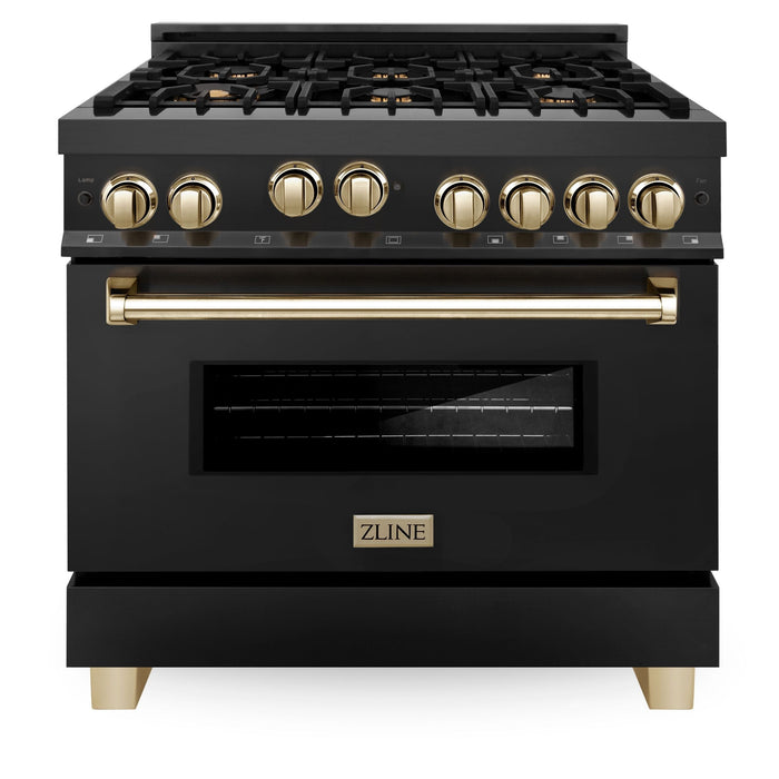 ZLINE Autograph Package - 36 In. Gas Range, Range Hood, Refrigerator, and Dishwasher in Black Stainless Steel with Gold Accents, 4AKPR-RGBRHDWV36-G