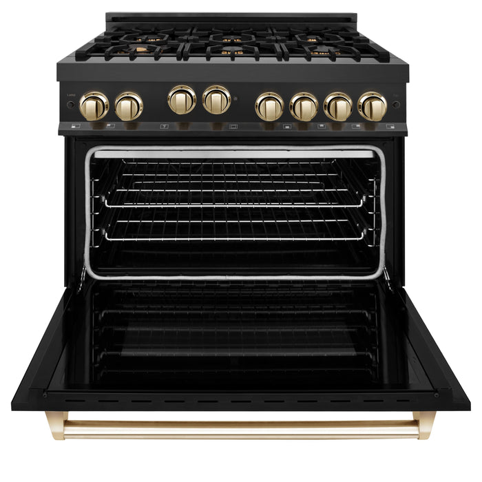 ZLINE Autograph Package - 36 In. Gas Range, Range Hood, Refrigerator, and Dishwasher in Black Stainless Steel with Gold Accents, 4AKPR-RGBRHDWV36-G