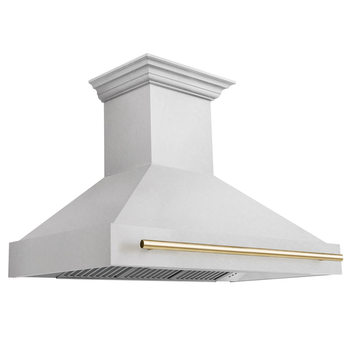 ZLINE 48" Autograph Edition Wall Mount Range Hood in DuraSnow® Stainless Steel with DuraSnow® Shell and Gold Handle, 8654SNZ-48-G