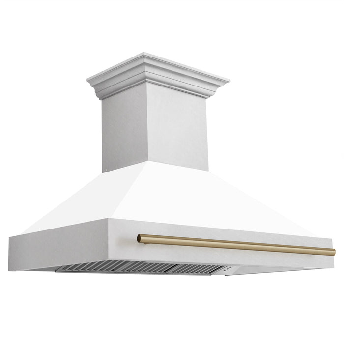 ZLINE 48" Autograph Edition Wall Mount Range Hood in DuraSnow® Stainless Steel with White Matte Shell and Champagne Bronze Handle, 8654SNZ-WM48-CB