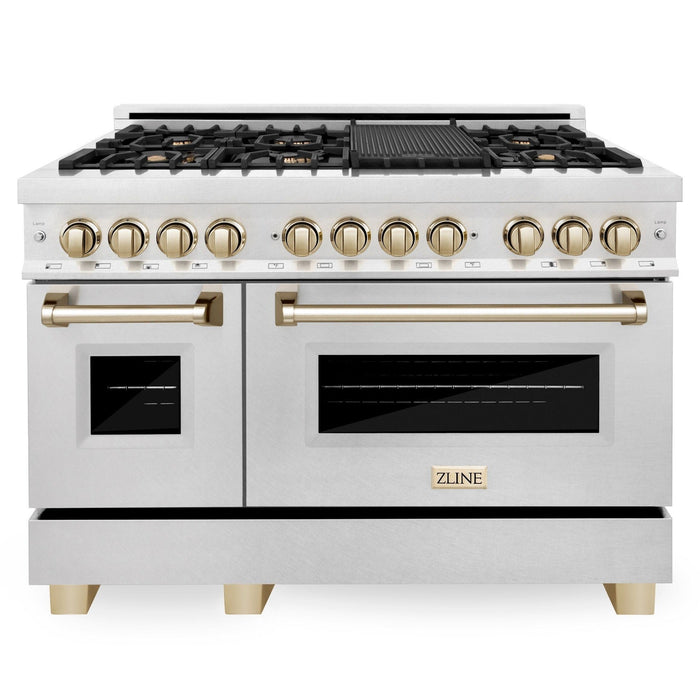 ZLINE 48" Autograph Edition Dual Fuel Range in DuraSnow® Stainless Steel with Gold Accents, RASZ-SN-48-G