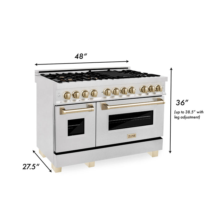 ZLINE 48" Autograph Edition Dual Fuel Range in DuraSnow® Stainless Steel with Gold Accents, RASZ-SN-48-G