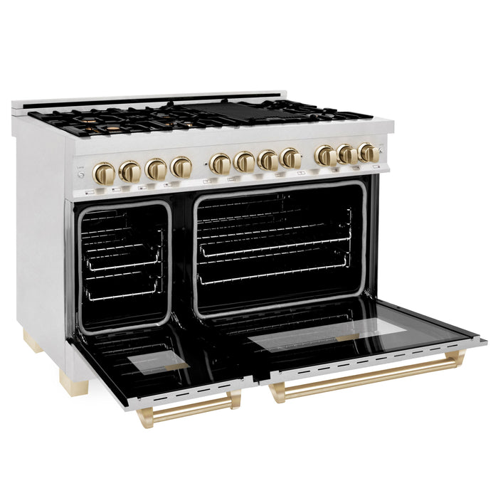 ZLINE 48" Autograph Edition Dual Fuel Range in DuraSnow® Stainless Steel with Gold Accents, RASZ-SN-48-G