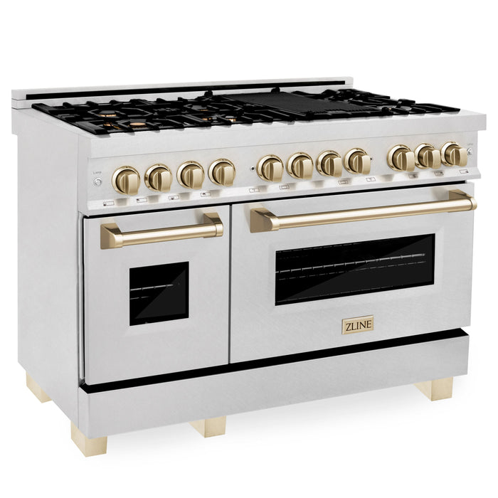 ZLINE 48" Autograph Edition Dual Fuel Range in DuraSnow® Stainless Steel with Gold Accents, RASZ-SN-48-G