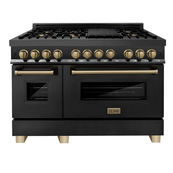 ZLINE Autograph Package - 48 In. Dual Fuel Range, Range Hood in Black Stainless Steel with Champagne Bronze Accents, 2AKP-RABRH48-CB