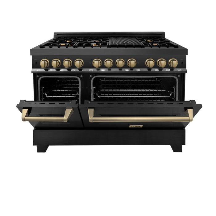 ZLINE Autograph Package - 48 In. Dual Fuel Range, Range Hood in Black Stainless Steel with Champagne Bronze Accents, 2AKP-RABRH48-CB