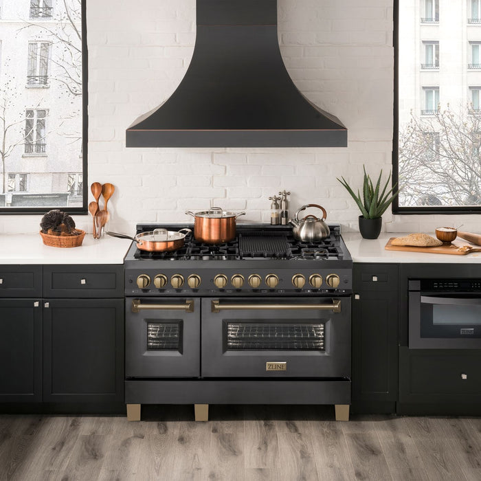 ZLINE Autograph Package - 48 In. Dual Fuel Range, Range Hood in Black Stainless Steel with Champagne Bronze Accents, 2AKP-RABRH48-CB