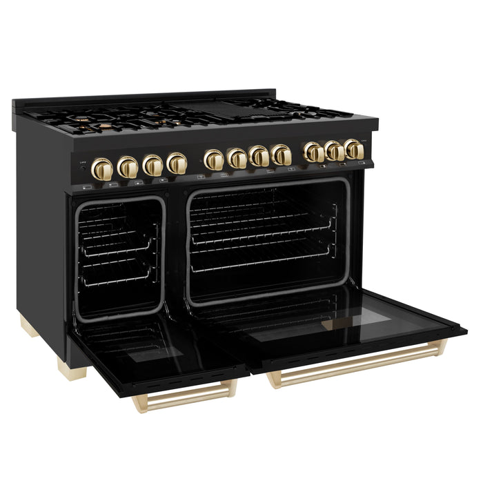 ZLINE Autograph Package - 48" Dual Fuel Range, Range Hood, Refrigerator, Dishwasher in Black Stainless, Gold Accents