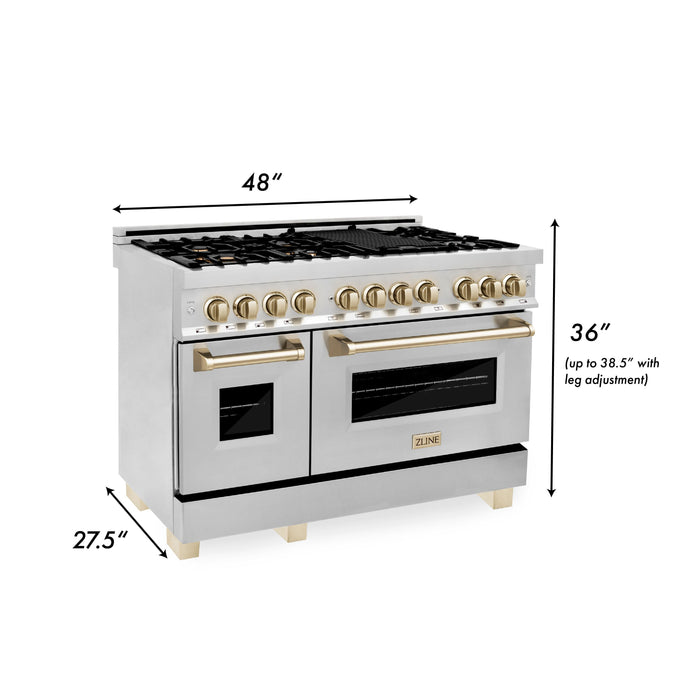 ZLINE Autograph Package - 48" Dual Fuel Range, Range Hood, Refrigerator with Water and Ice Dispenser, Microwave and Dishwasher in Stainless Steel with Gold Accents