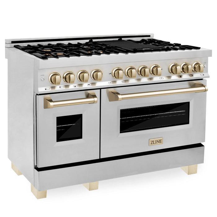 ZLINE Autograph Package - 48" Dual Fuel Range, Range Hood, Refrigerator,  Microwave and Dishwasher in Stainless Steel with Gold Accents