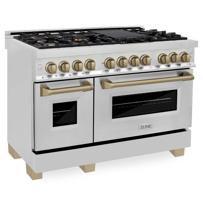 ZLINE 48" Autograph Edition Dual Fuel Range in Stainless Steel with Champagne Bronze Accents, RAZ-48-CB