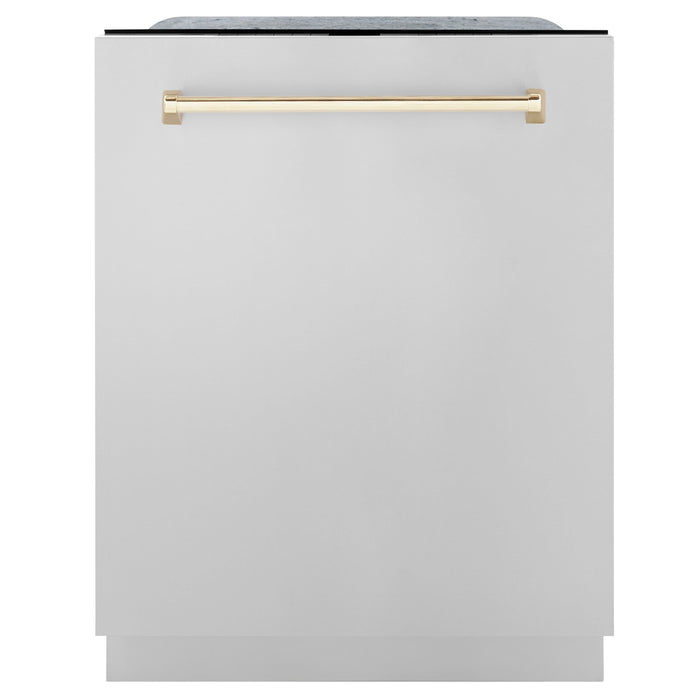 ZLINE Autograph Package - 48" Dual Fuel Range, Range Hood, Refrigerator,  Microwave and Dishwasher in Stainless Steel with Gold Accents