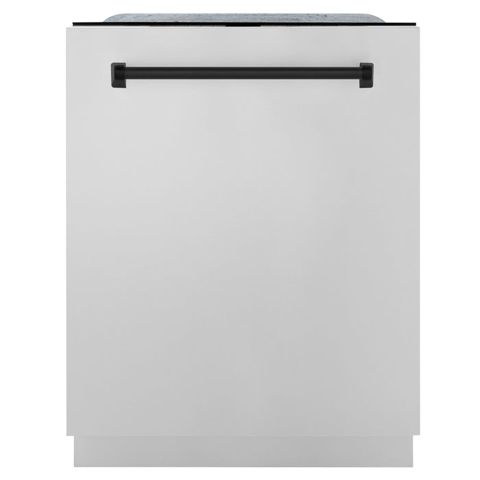 ZLINE Autograph Package - 36 In. Gas Range, Range Hood, Dishwasher in Stainless Steel with Matte Black Accents, 3AKP-RGRHDWM36-MB