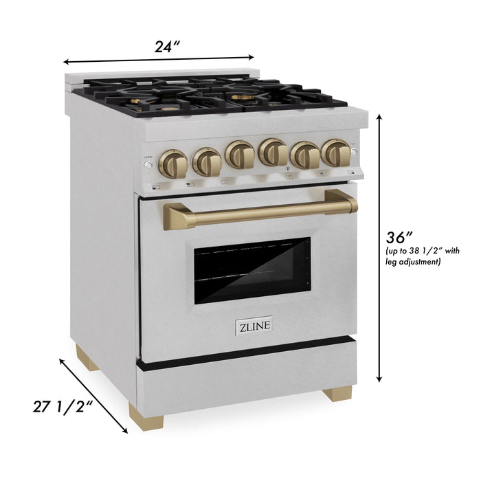 ZLINE 24" Autograph Edition All Gas Range in DuraSnow® Stainless Steel with Champagne Bronze Accents, RGSZ-SN-24-CB