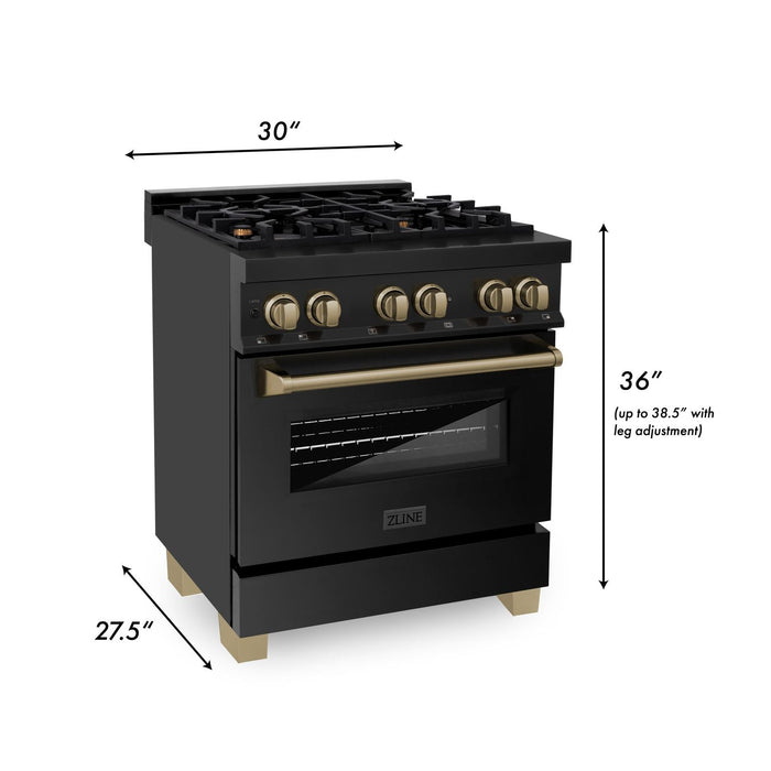 ZLINE 30" Autograph Edition Dual Fuel Range in Black Stainless Steel with Champagne Bronze Accents, RABZ-30-CB