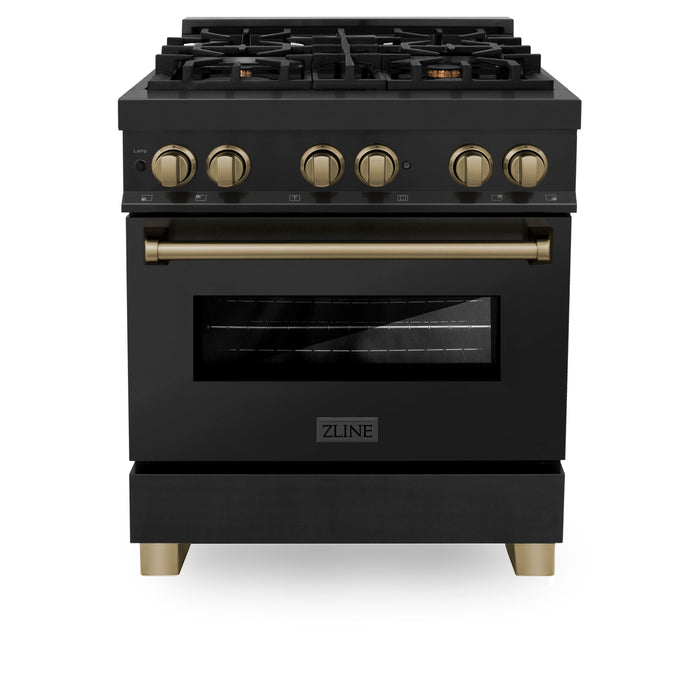 ZLINE 30" Autograph Edition Dual Fuel Range in Black Stainless Steel with Champagne Bronze Accents, RABZ-30-CB