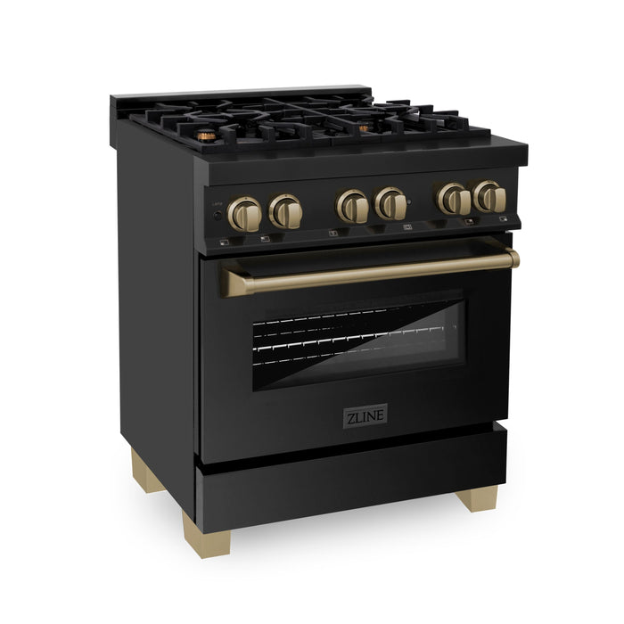 ZLINE 30" Autograph Edition Dual Fuel Range in Black Stainless Steel with Champagne Bronze Accents, RABZ-30-CB