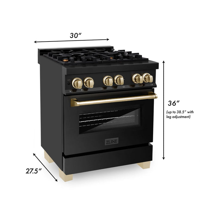 ZLINE 30" Autograph Edition Dual Fuel Range in Black Stainless Steel with Gold Accents, RABZ-30-G