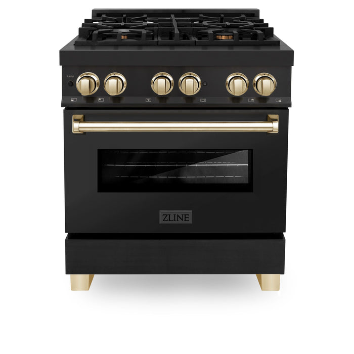 ZLINE 30" Autograph Edition Dual Fuel Range in Black Stainless Steel with Gold Accents, RABZ-30-G