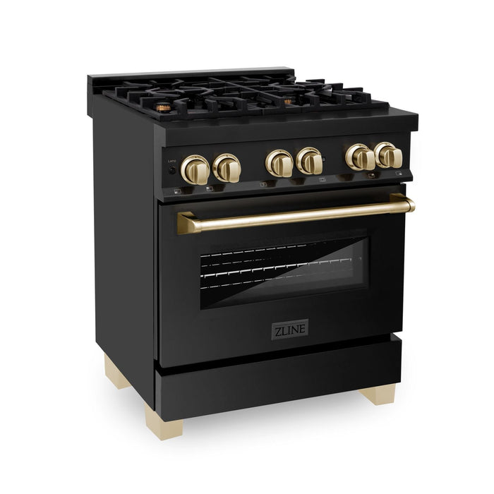 ZLINE 30" Autograph Edition Dual Fuel Range in Black Stainless Steel with Gold Accents, RABZ-30-G