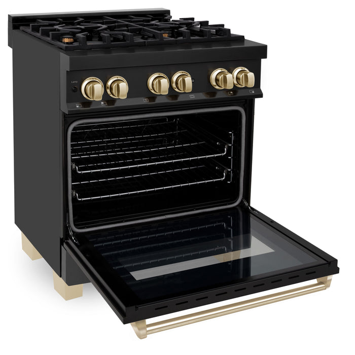 ZLINE 30" Autograph Edition Dual Fuel Range in Black Stainless Steel with Gold Accents, RABZ-30-G