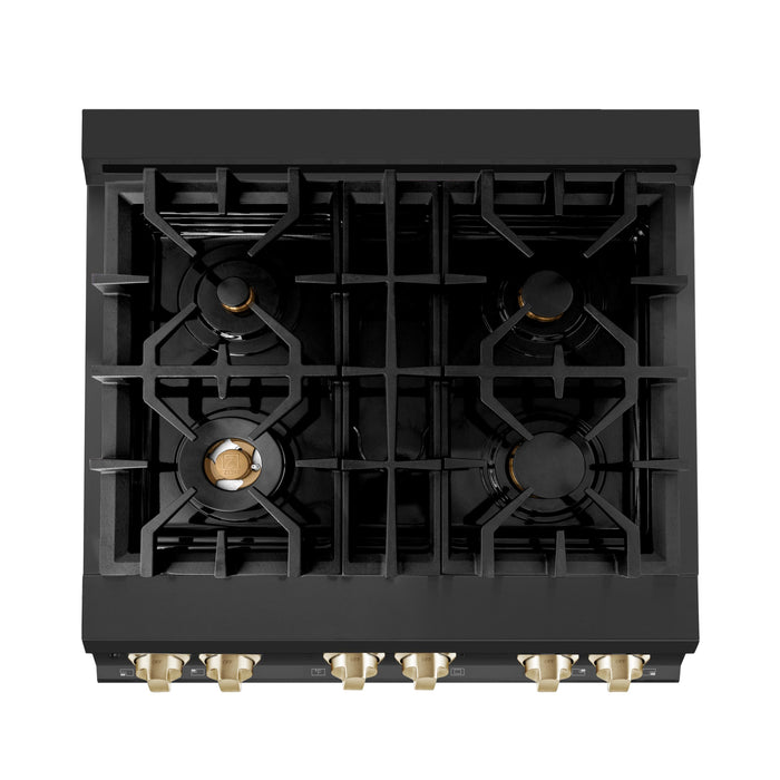 ZLINE 30" Autograph Edition Dual Fuel Range in Black Stainless Steel with Gold Accents, RABZ-30-G