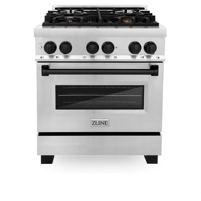 ZLINE 30" Autograph Edition Dual Fuel Range in Stainless Steel with Matte Black Accents, RAZ-30-MB