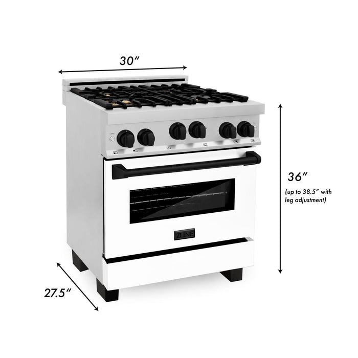 ZLINE Autograph Package - 30 In. Gas Range, Range Hood, Dishwasher in White with Matte Black Accents, 3AKP-RGWMRHDWM30-MB