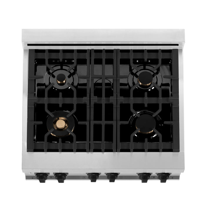 ZLINE Autograph Package - 30 In. Gas Range, Range Hood, Dishwasher in White with Matte Black Accents, 3AKP-RGWMRHDWM30-MB