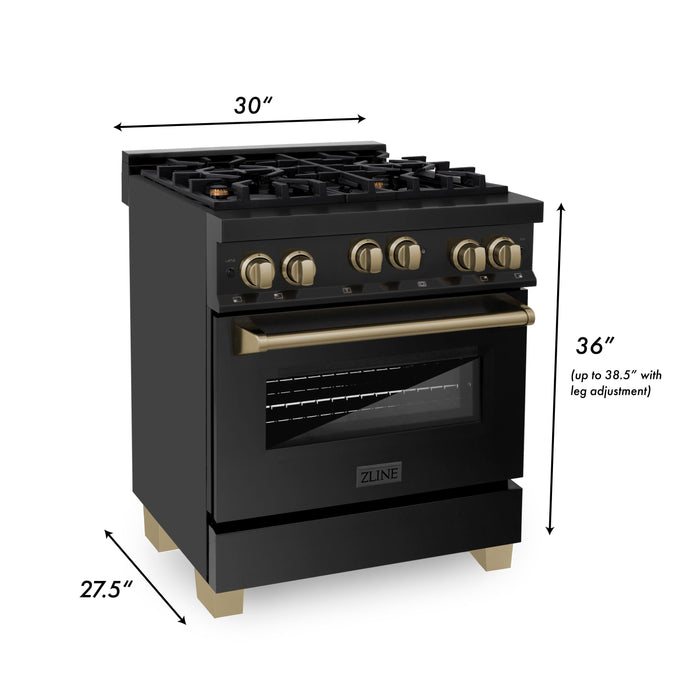 ZLINE 30" Autograph Edition All Gas Range in Black Stainless Steel with Champagne Bronze Accents, RGBZ-30-CB