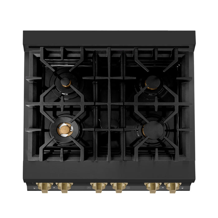 ZLINE 30" Autograph Edition All Gas Range in Black Stainless Steel with Champagne Bronze Accents, RGBZ-30-CB