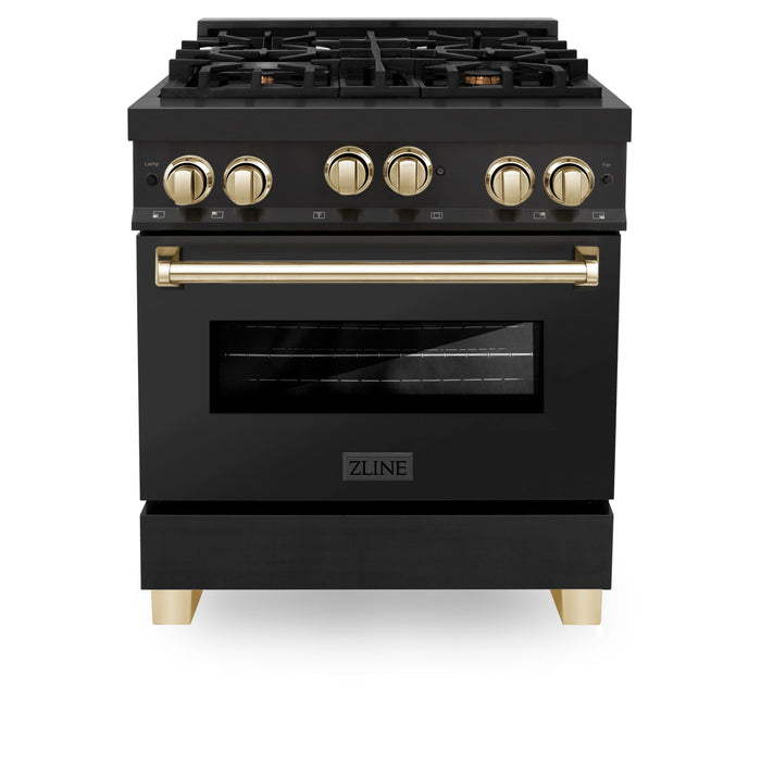 ZLINE 30" Autograph Edition All Gas Range in Black Stainless Steel with Gold Accents, RGBZ-30-G