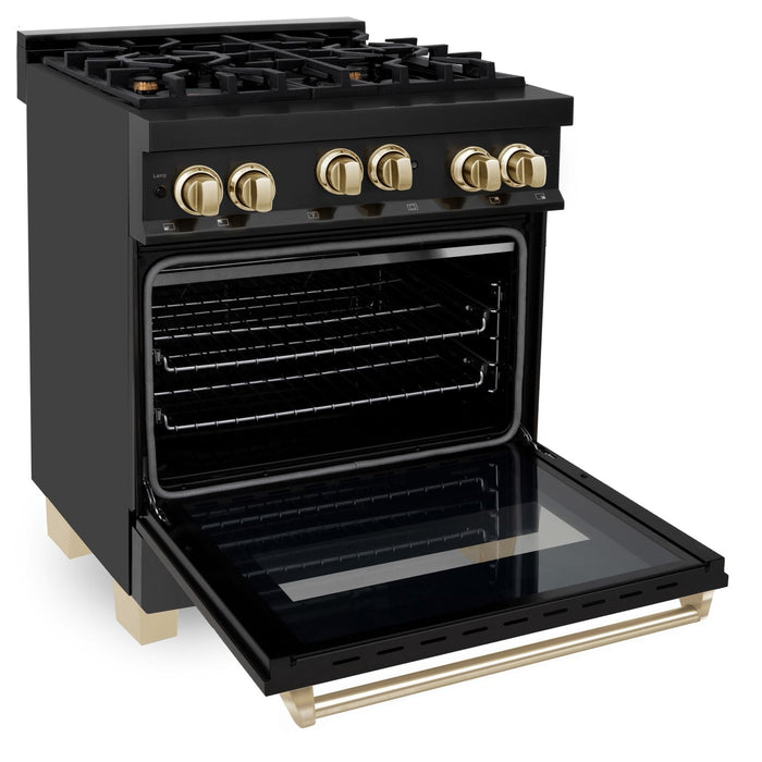 ZLINE 30" Autograph Edition All Gas Range in Black Stainless Steel with Gold Accents, RGBZ-30-G