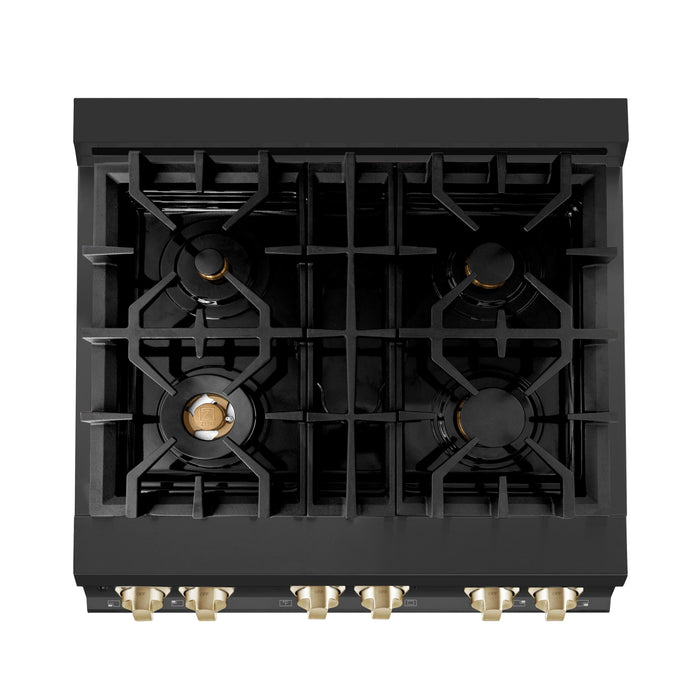 ZLINE 30" Autograph Edition All Gas Range in Black Stainless Steel with Gold Accents, RGBZ-30-G