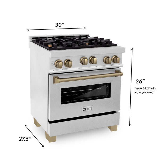 ZLINE 30" Autograph Edition All Gas Range in DuraSnow® Stainless Steel with Champagne Bronze Accents, RGSZ-SN-30-CB