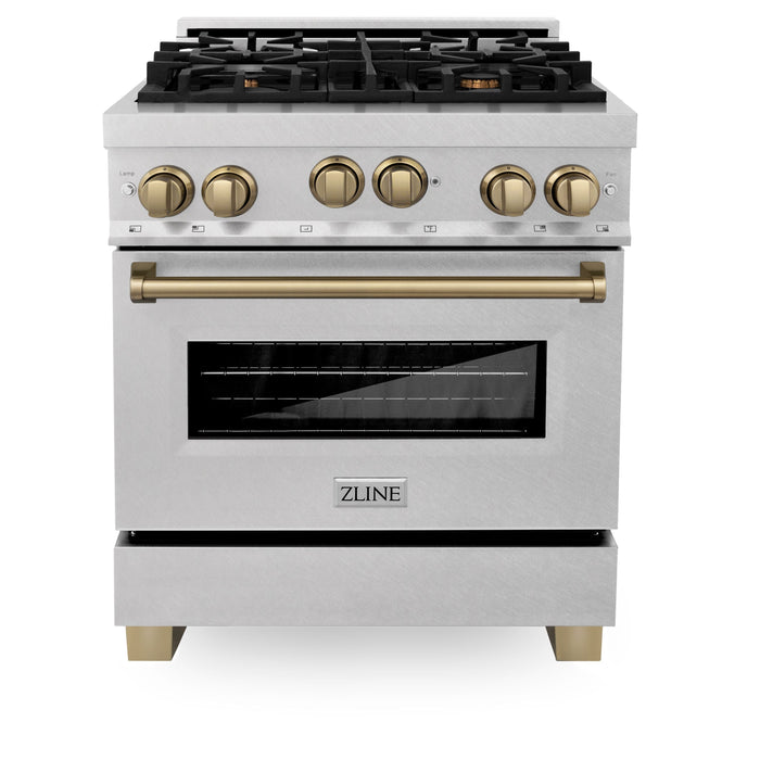 ZLINE 30" Autograph Edition All Gas Range in DuraSnow® Stainless Steel with Champagne Bronze Accents, RGSZ-SN-30-CB