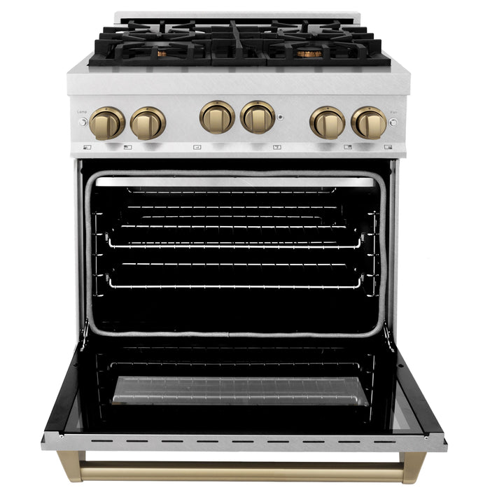 ZLINE 30" Autograph Edition All Gas Range in DuraSnow® Stainless Steel with Champagne Bronze Accents, RGSZ-SN-30-CB