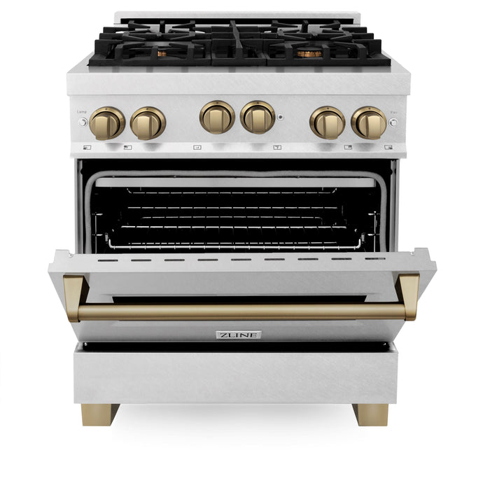 ZLINE 30" Autograph Edition All Gas Range in DuraSnow® Stainless Steel with Champagne Bronze Accents, RGSZ-SN-30-CB