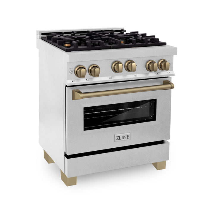 ZLINE 30" Autograph Edition All Gas Range in DuraSnow® Stainless Steel with Champagne Bronze Accents, RGSZ-SN-30-CB