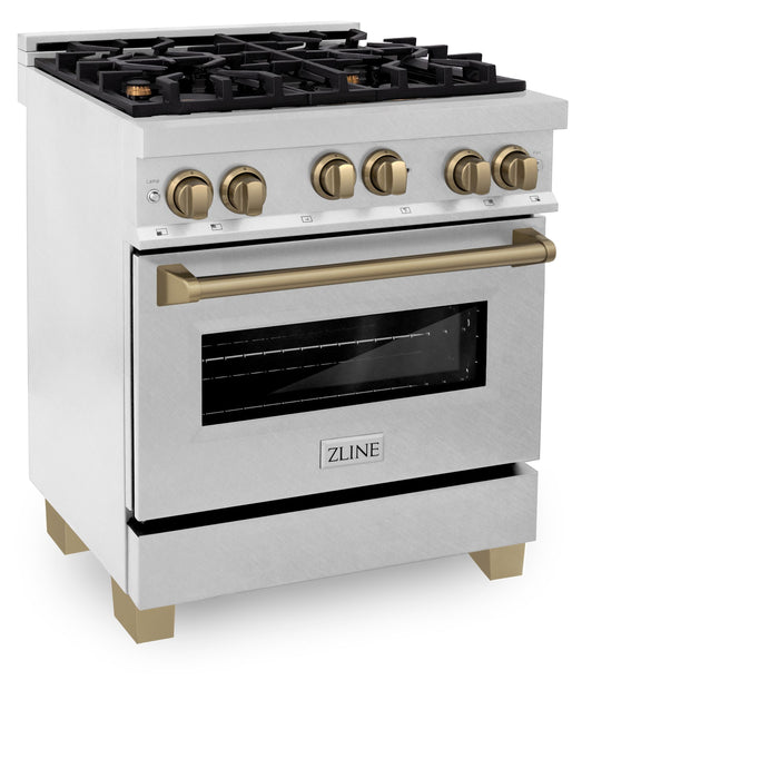 ZLINE 30" Autograph Edition All Gas Range in DuraSnow® Stainless Steel with Champagne Bronze Accents, RGSZ-SN-30-CB