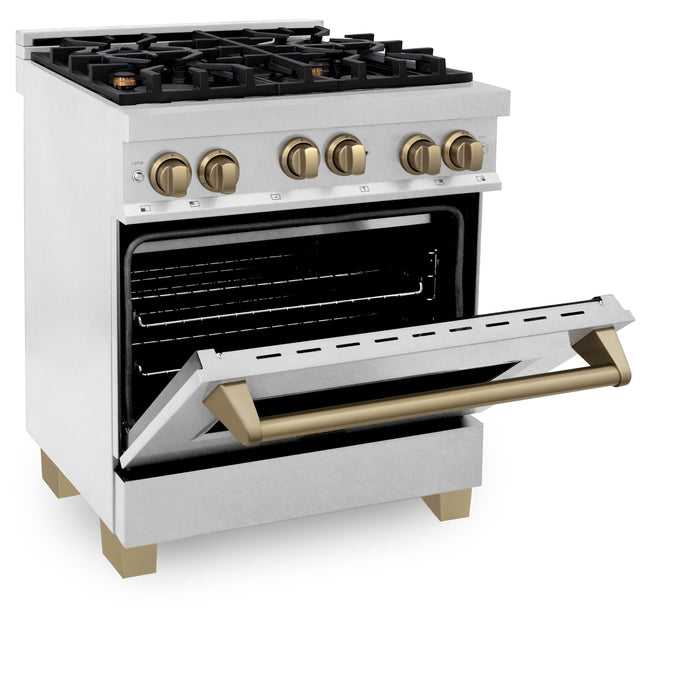 ZLINE 30" Autograph Edition All Gas Range in DuraSnow® Stainless Steel with Champagne Bronze Accents, RGSZ-SN-30-CB