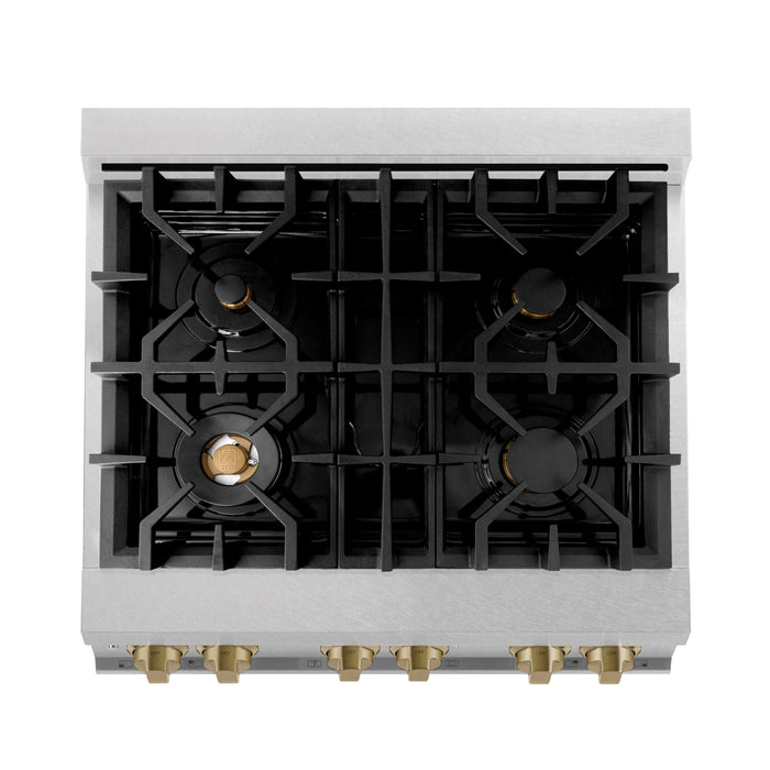 ZLINE 30" Autograph Edition All Gas Range in DuraSnow® Stainless Steel with Champagne Bronze Accents, RGSZ-SN-30-CB