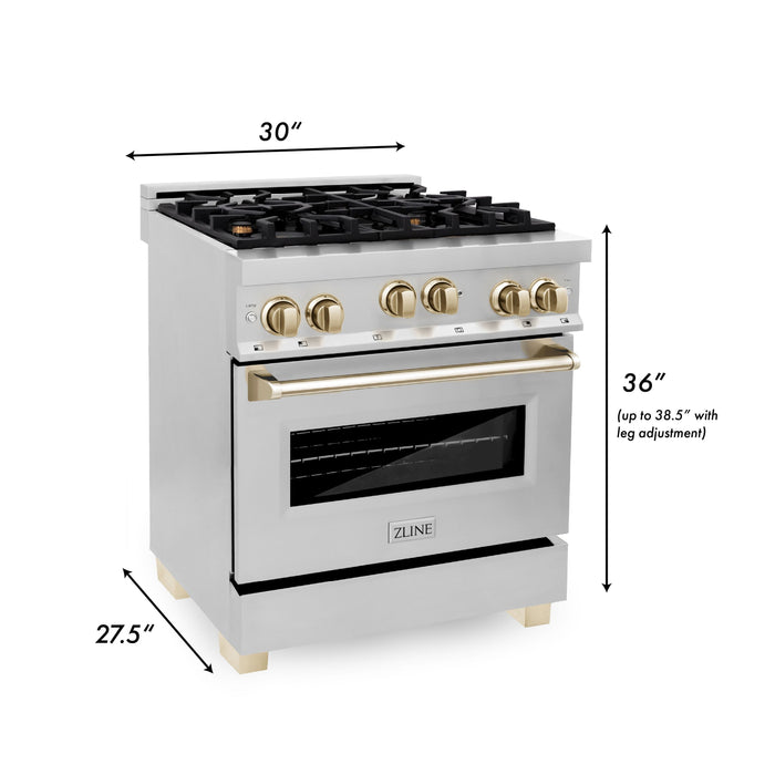 ZLINE 30" Autograph Edition All Gas Range in Stainless Steel with Gold Accents, RGZ-30-G