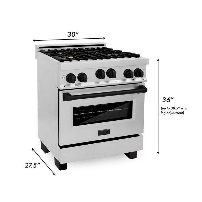 ZLINE Autograph Package - 30 In. Gas Range, Range Hood, Dishwasher in Stainless Steel with Matte Black Accents, 3AKP-RGRHDWM30-MB