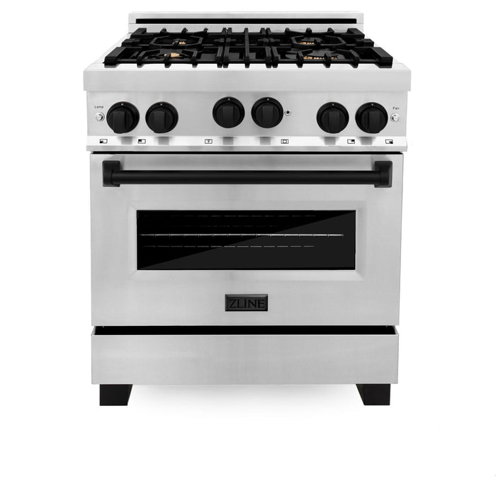 ZLINE Autograph Package - 30 In. Gas Range, Range Hood, Dishwasher in Stainless Steel with Matte Black Accents, 3AKP-RGRHDWM30-MB